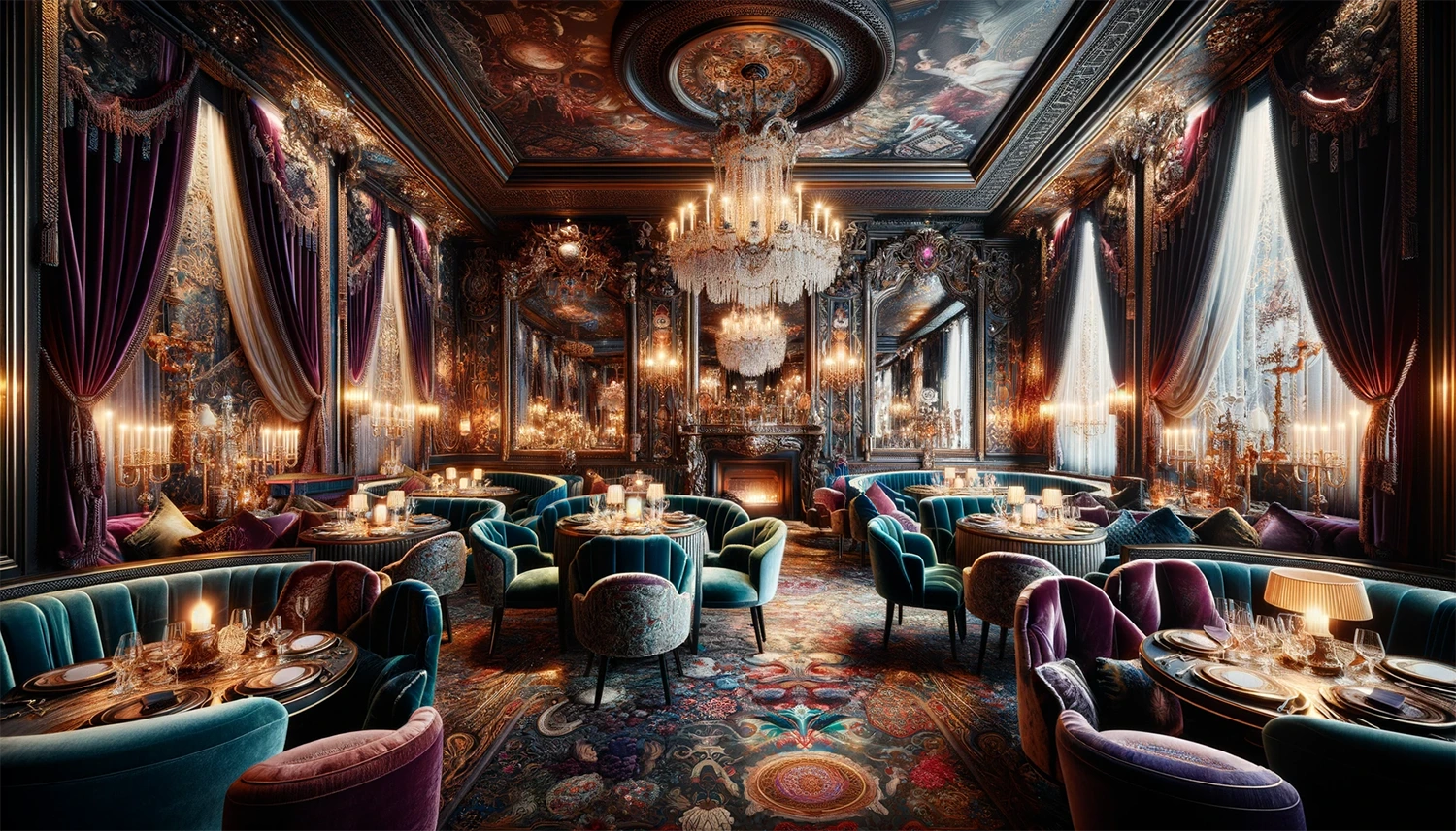 An opulent, maximalist dining room with a chandelier embodies the top 10 trends in restaurant and hospitality design for 2024.