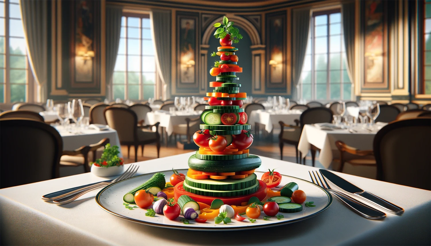 A plate with a tower of vegetables on it, showcasing one of the top 10 hospitality and restaurant trends in 2024.