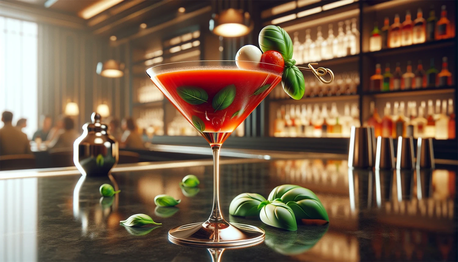 A trendy red martini in a glass on a stylish table in a bustling bar, reflecting one of the top 10 hospitality trends for 2024.