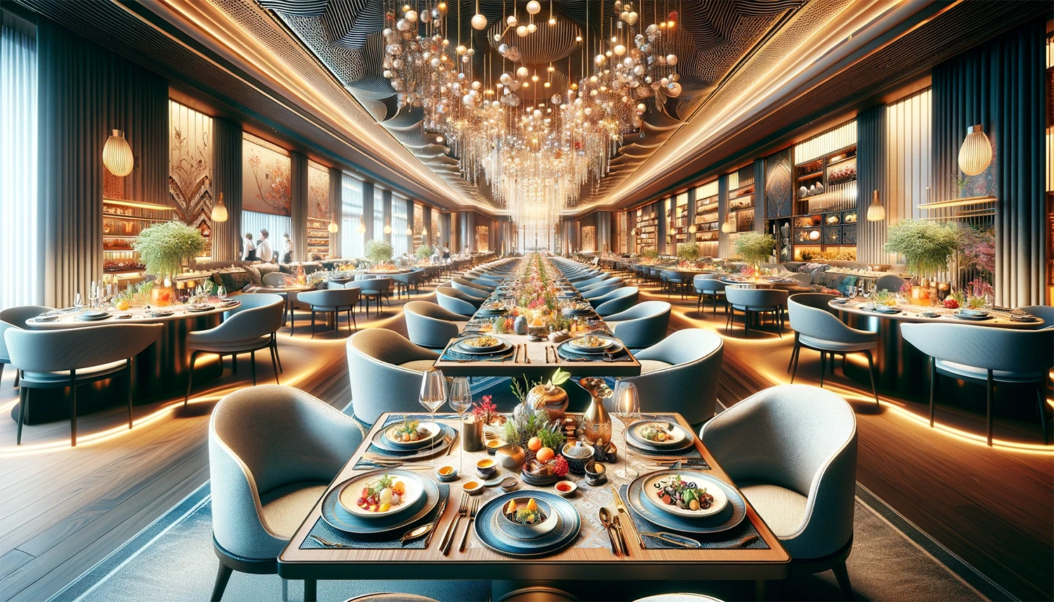 A large dining room, plates filled with delectable dishes, reflecting the top 10 hospitality and restaurant trends of 2024.