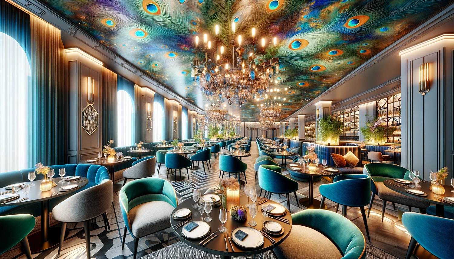 A restaurant with peacock feathers on the ceiling representing the latest hospitality and restaurant trends for 2024.