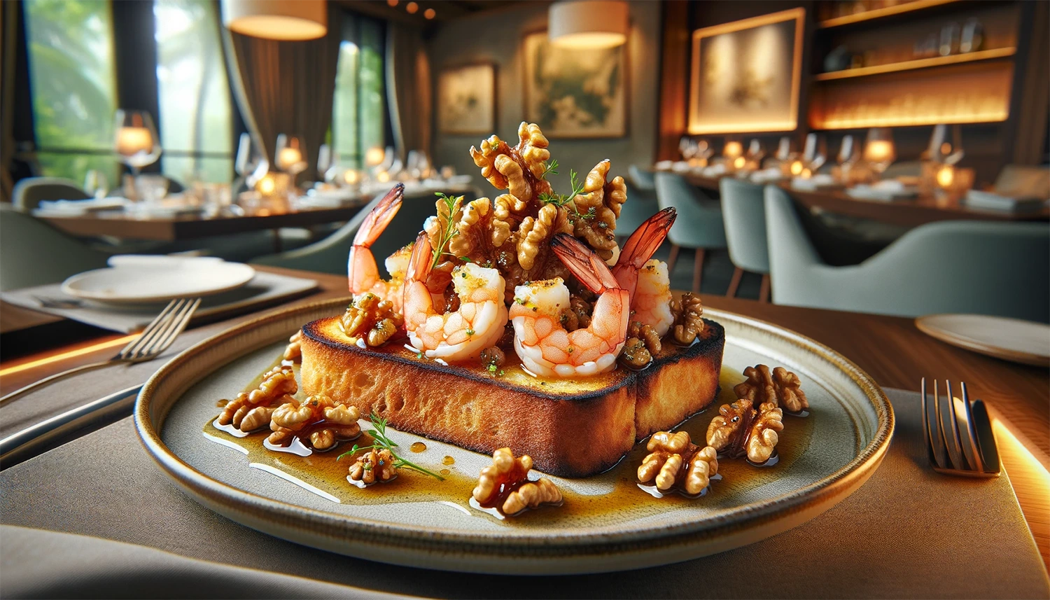 A plate with shrimp toast topped with candied walnuts, reflecting one of the top 10 restaurant trends of 2024.