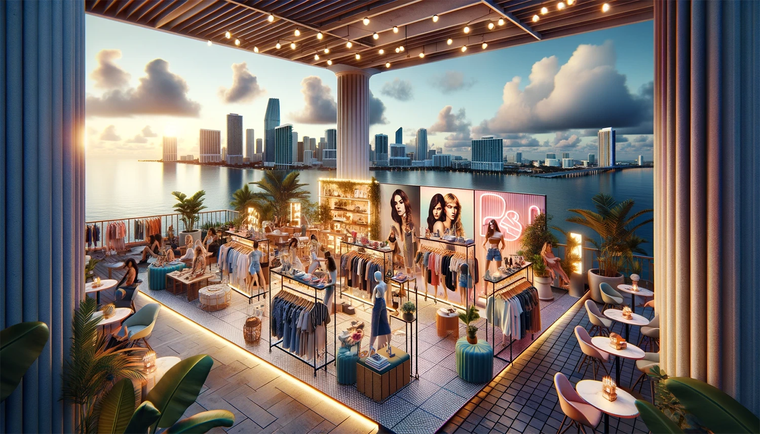 A view of the city from the rooftop of a restaurant bar where a clothing brand has set up a pop-up shop, representing one of the top 10 hospitality and restaurant trends for 2024.