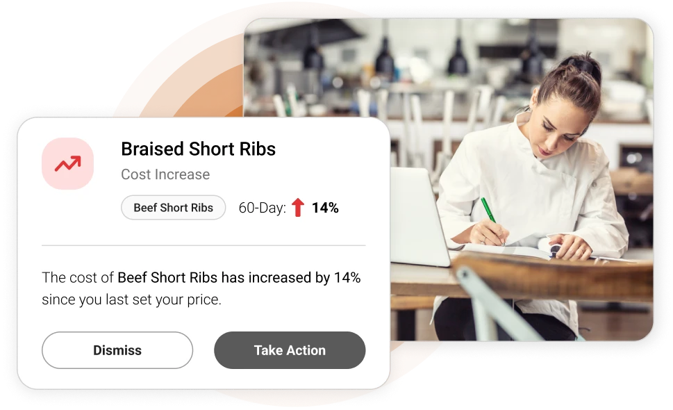 Image of a girl writing on a chalkboard with the headline 'Braised Short Ribs Increased by 14%' displayed prominently. The girl's focused expression captures the seriousness of the price hike announcement, suggesting economic impact and potential consumer reactions.