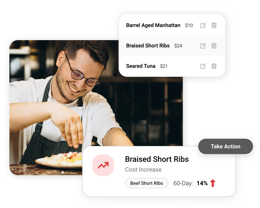 A confident chef gesturing towards text that reads: 'Effortlessly manage prices and protect your margin with the Stellar Menus Intelligent Menu platform.